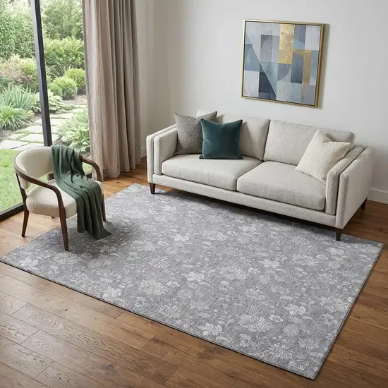 Gray And Ivory Floral Washable Area Rug With UV Protection Photo 1