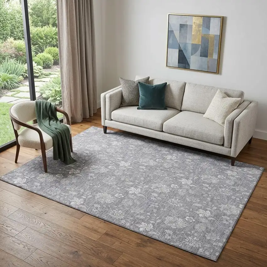 Gray And Ivory Floral Washable Area Rug With UV Protection Photo 1