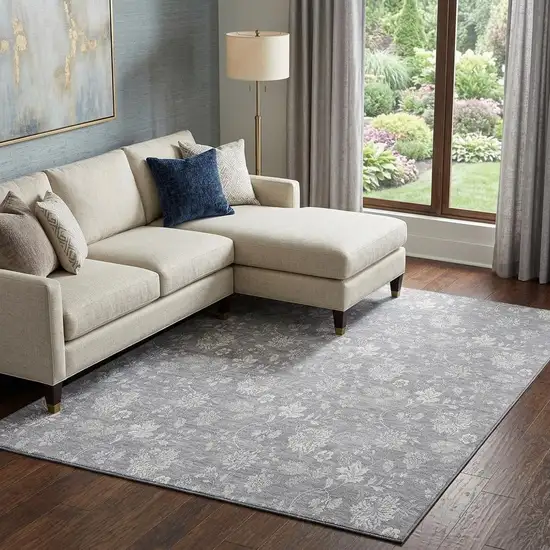Gray And Ivory Floral Washable Area Rug With UV Protection Photo 1