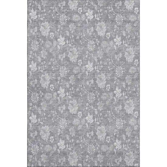 Gray And Ivory Floral Washable Area Rug With UV Protection Photo 2