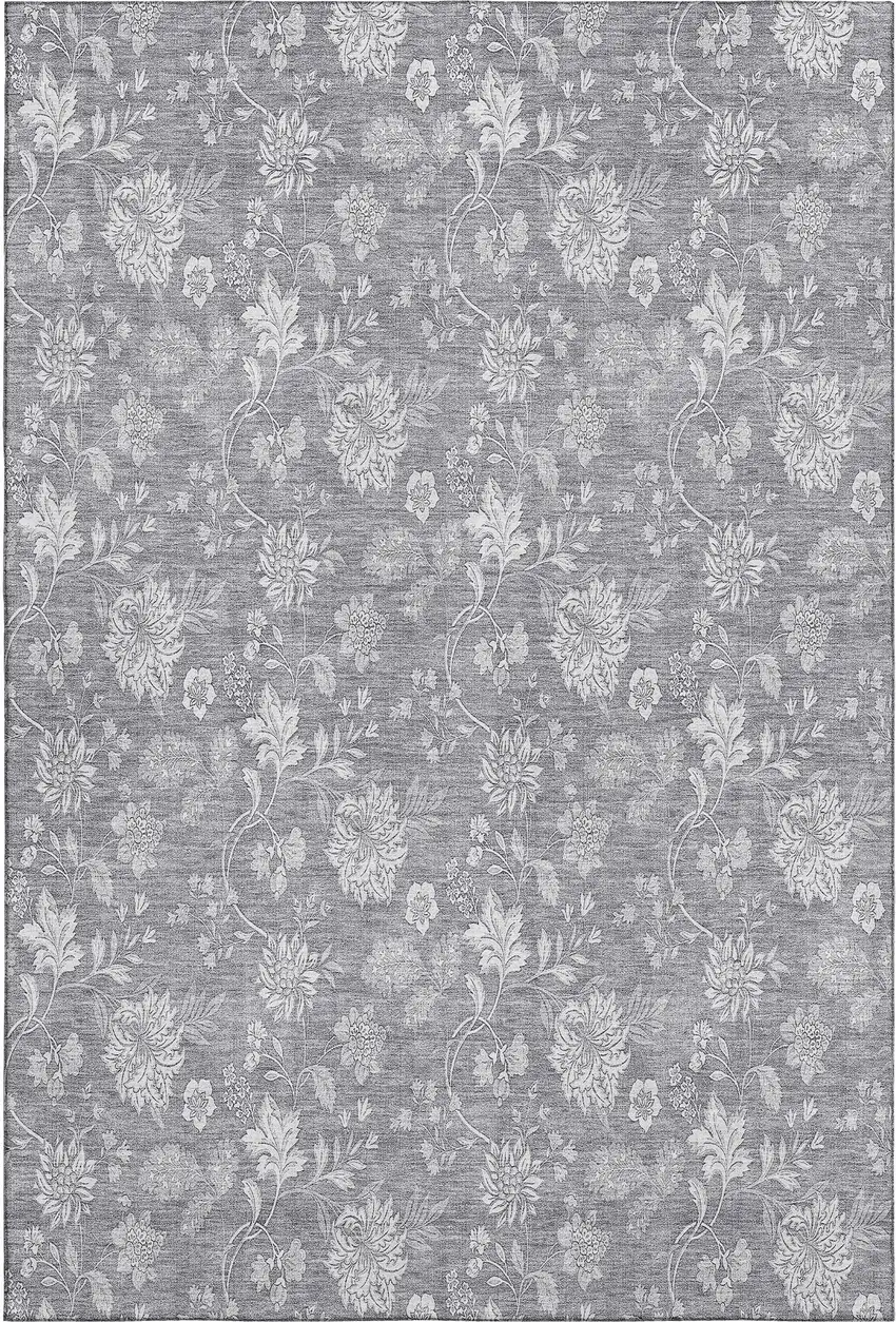 Gray And Ivory Floral Washable Area Rug With UV Protection Photo 2