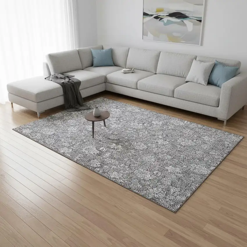 Gray And Ivory Floral Washable Area Rug With UV Protection Photo 1
