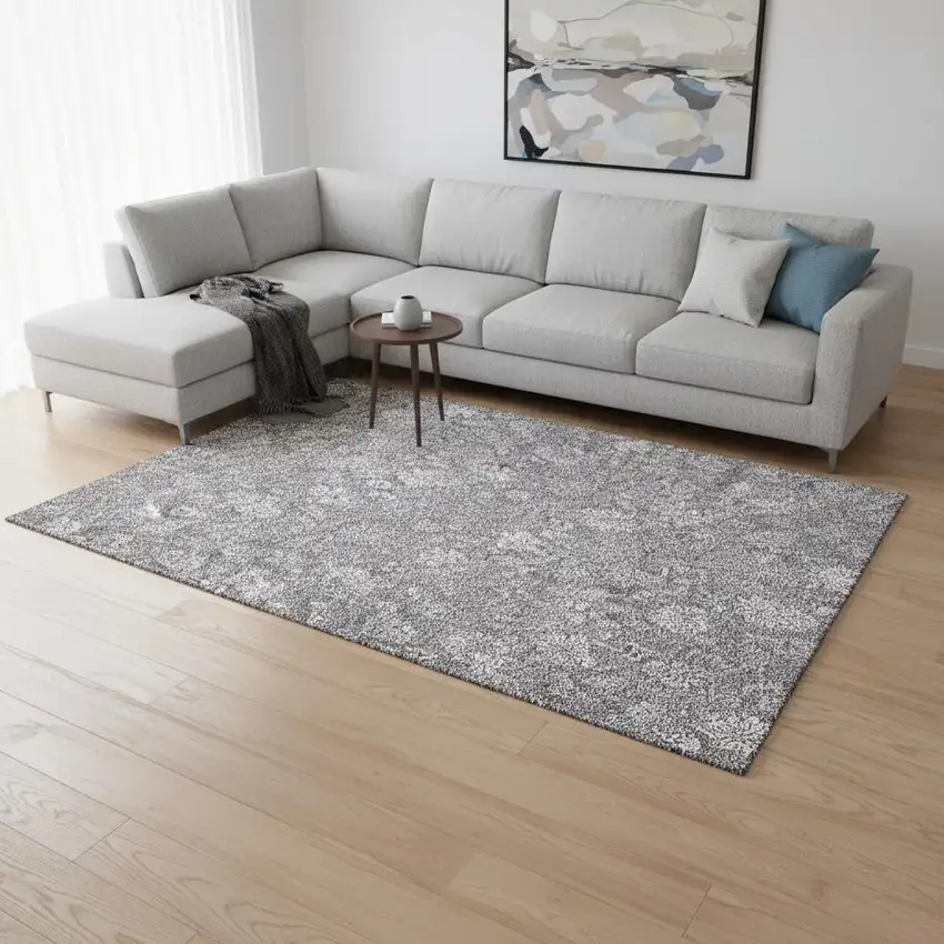 Gray And Ivory Floral Washable Area Rug With UV Protection Photo 3