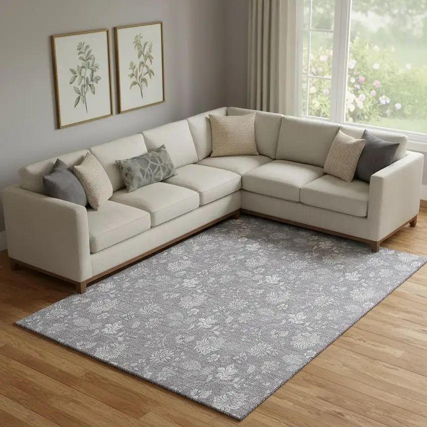 Gray And Ivory Floral Washable Area Rug With UV Protection Photo 1