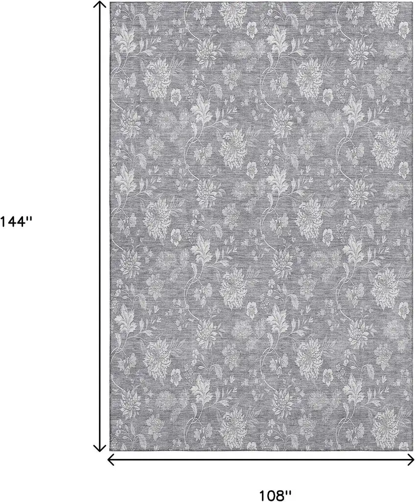 Gray And Ivory Floral Washable Area Rug With UV Protection Photo 6