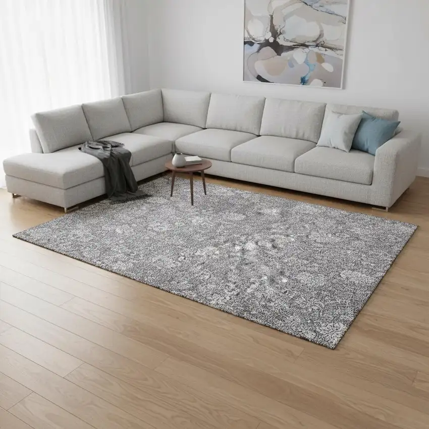 Gray And Ivory Floral Washable Area Rug With UV Protection Photo 3