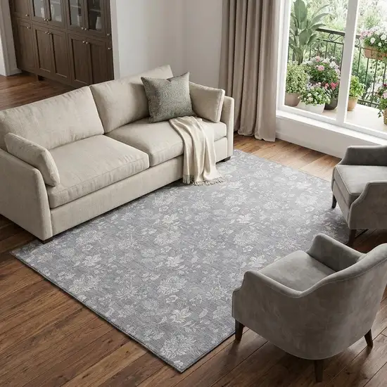 Gray And Ivory Floral Washable Area Rug With UV Protection Photo 1