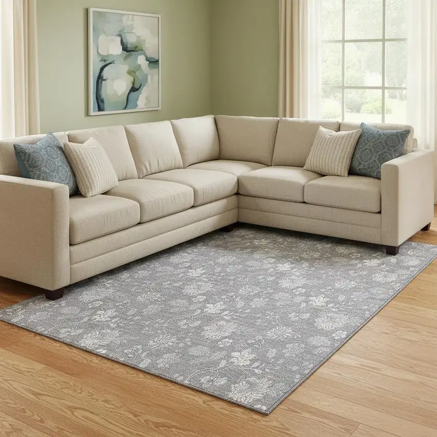 Gray And Ivory Floral Washable Area Rug With UV Protection Photo 1
