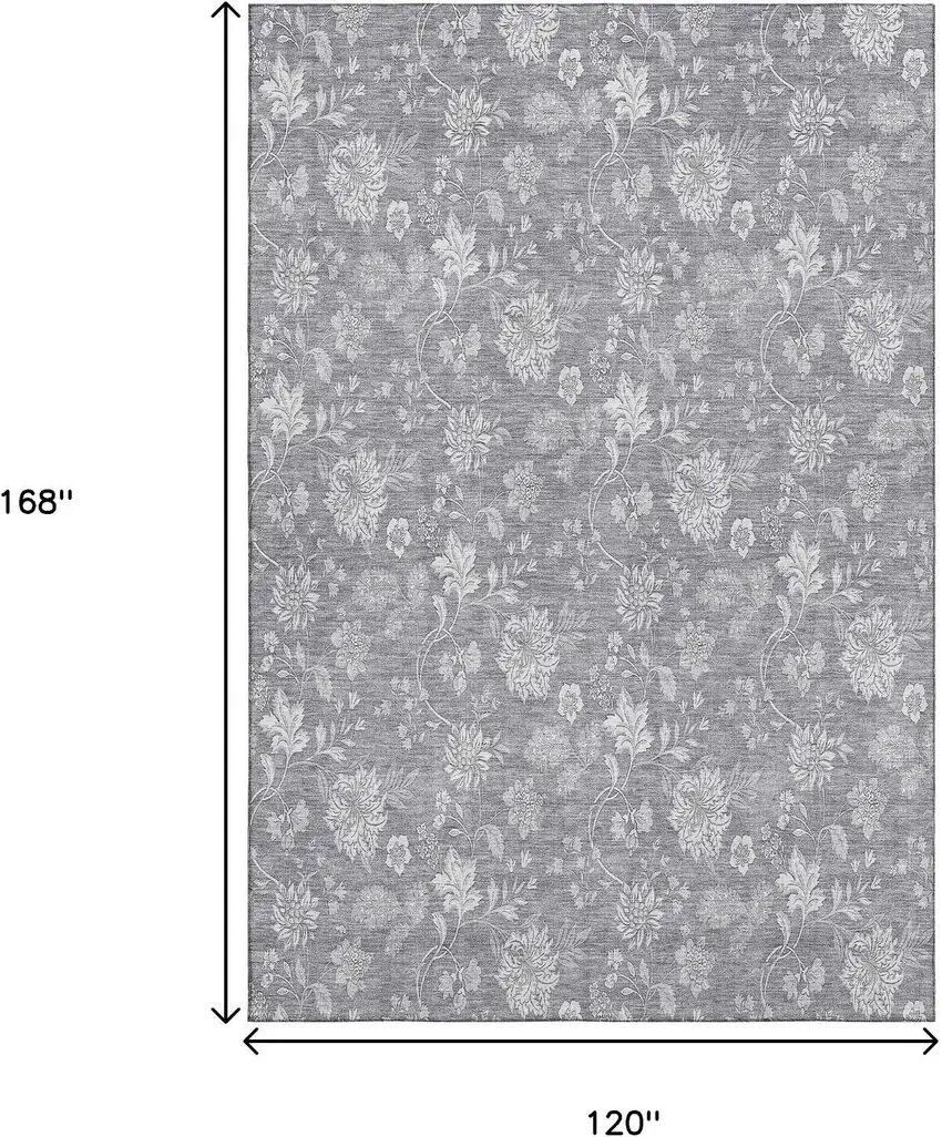 Gray And Ivory Floral Washable Area Rug With UV Protection Photo 6