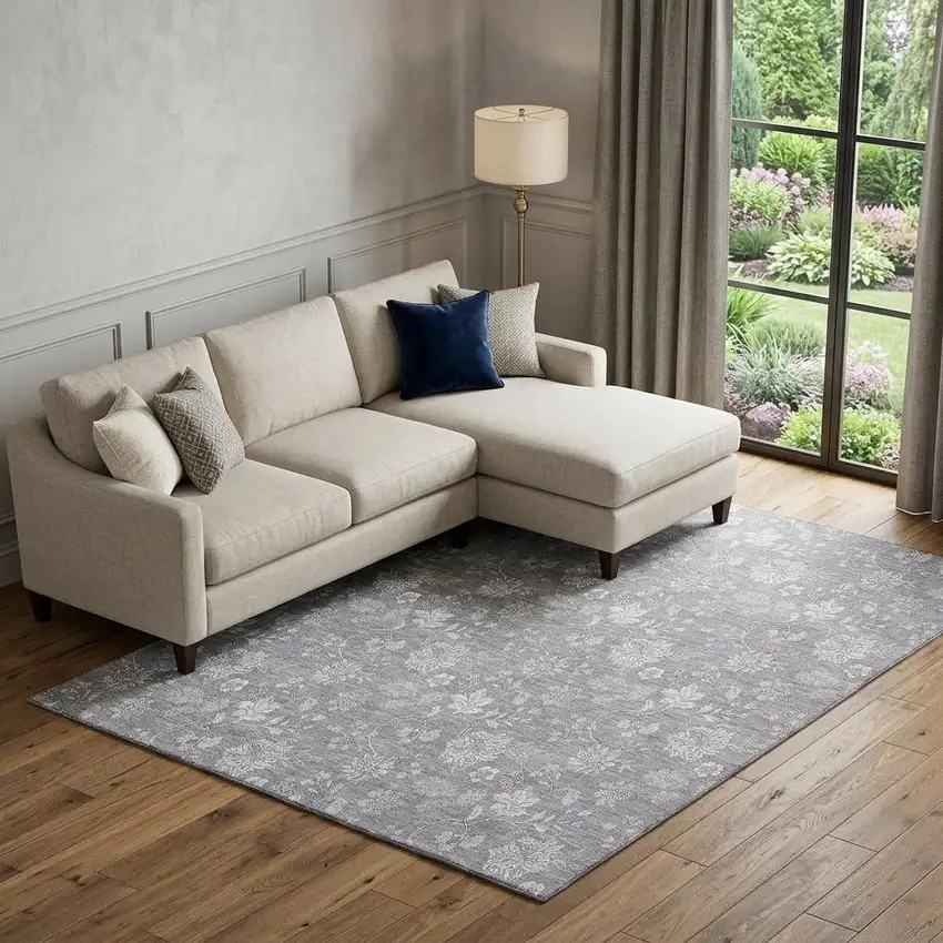 Gray And Ivory Floral Washable Area Rug With UV Protection Photo 1
