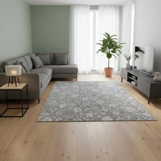 Gray And Ivory Floral Washable Area Rug With UV Protection Photo 3