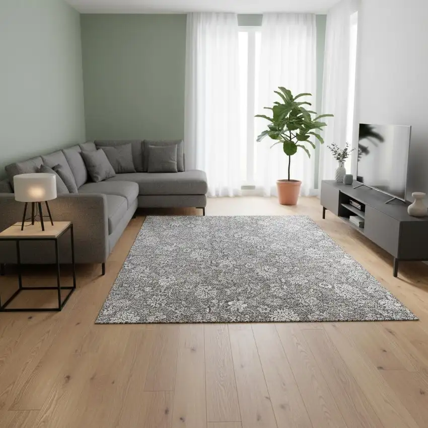 Gray And Ivory Floral Washable Area Rug With UV Protection Photo 3