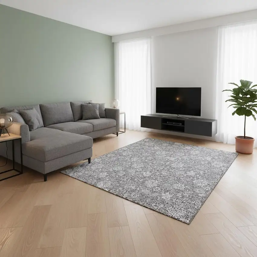 Gray And Ivory Floral Washable Area Rug With UV Protection Photo 2