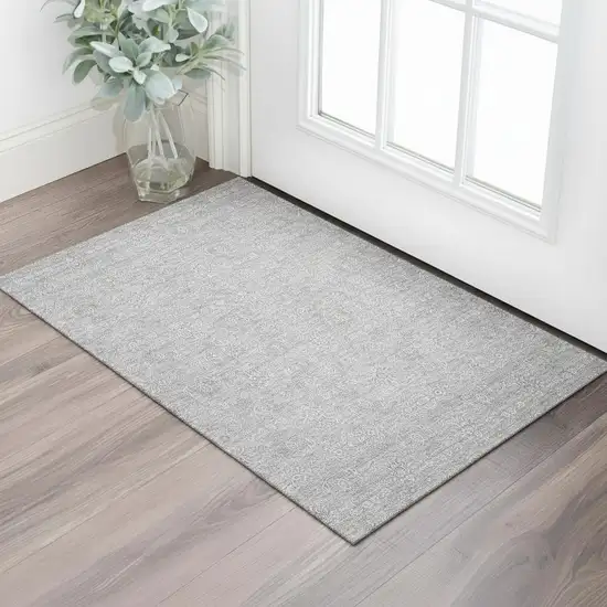 Gray And Ivory Floral Washable Area Rug With UV Protection Photo 1