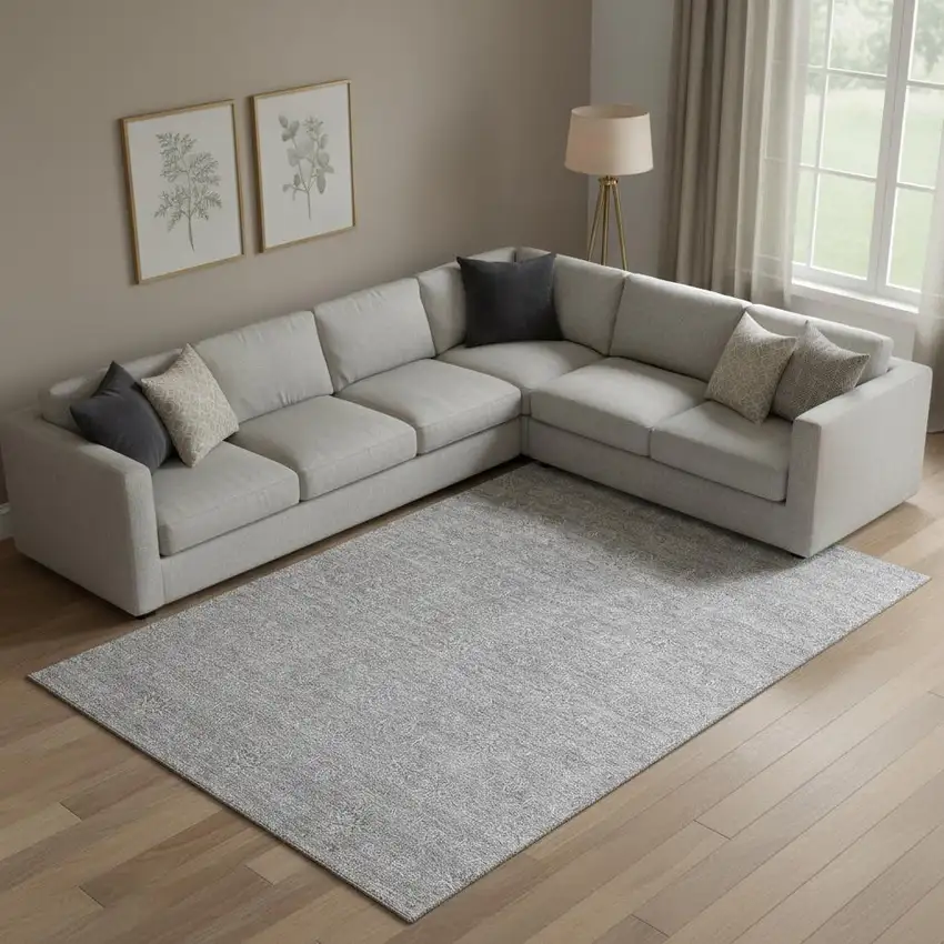 Gray And Ivory Floral Washable Area Rug With UV Protection Photo 2