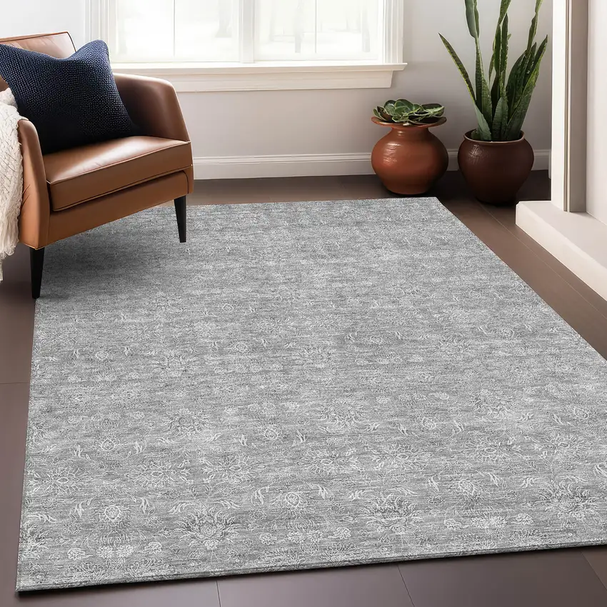 Gray And Ivory Floral Washable Area Rug With UV Protection Photo 4