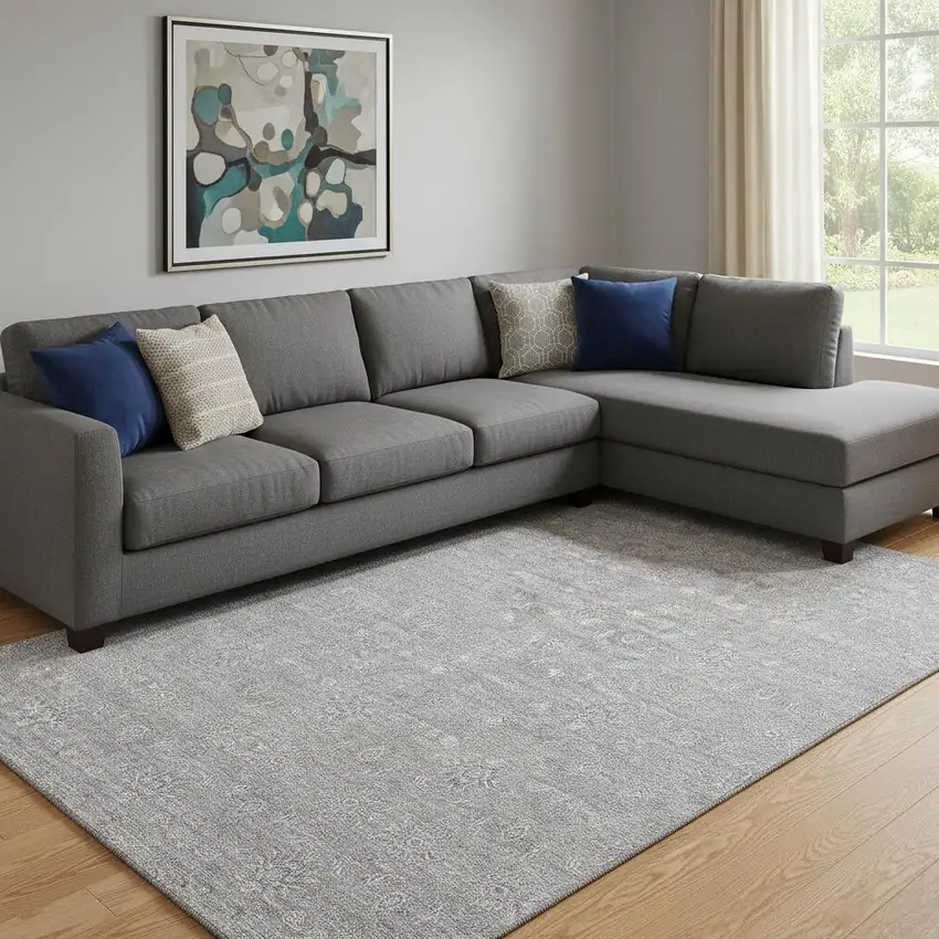 Gray And Ivory Floral Washable Area Rug With UV Protection Photo 2