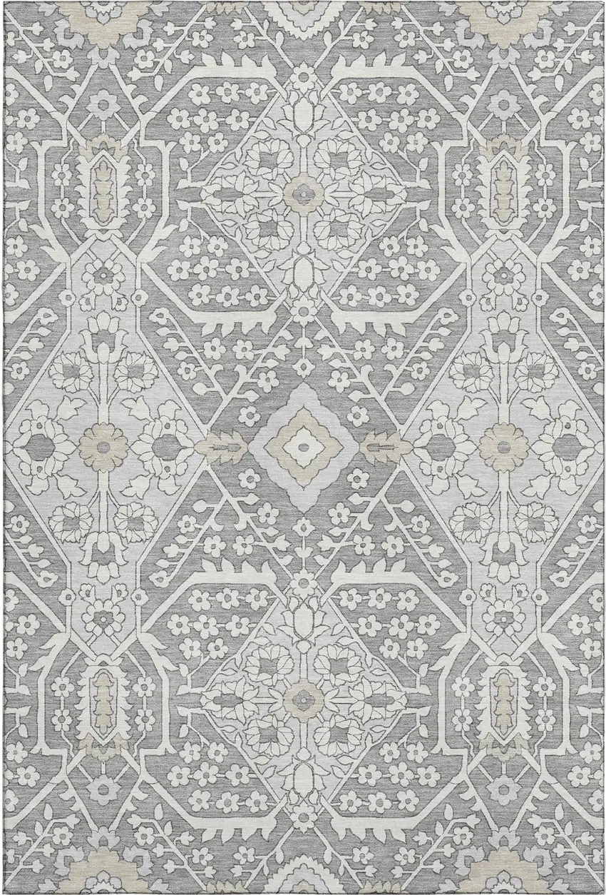 Gray And Ivory Floral Washable Area Rug With UV Protection Photo 2