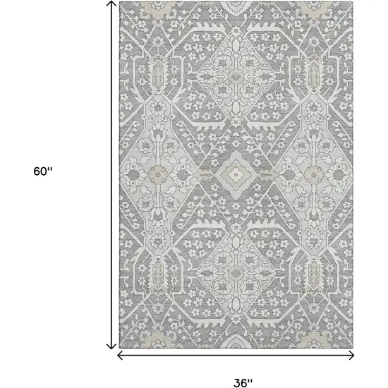 Gray And Ivory Floral Washable Area Rug With UV Protection Photo 3