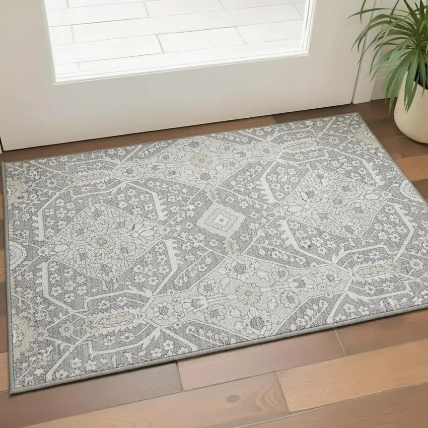 Gray And Ivory Floral Washable Area Rug With UV Protection Photo 1