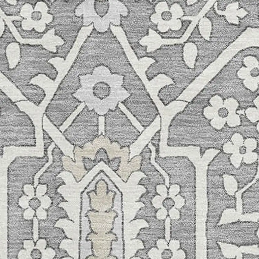 Gray And Ivory Floral Washable Area Rug With UV Protection Photo 4