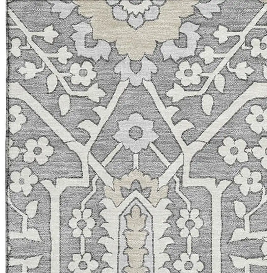 Gray And Ivory Floral Washable Area Rug With UV Protection Photo 5