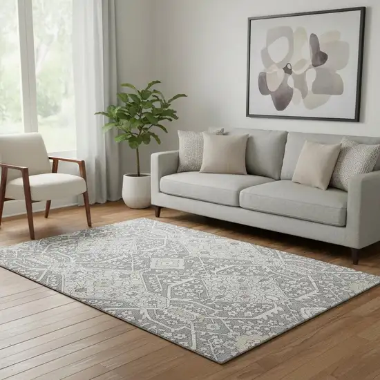 Gray And Ivory Floral Washable Area Rug With UV Protection Photo 1