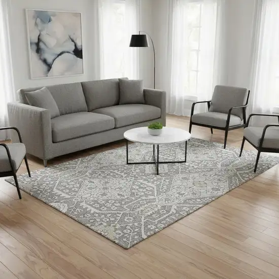 Gray And Ivory Floral Washable Area Rug With UV Protection Photo 1