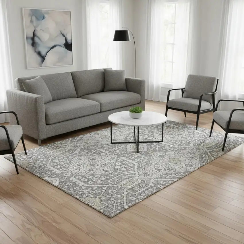 Gray And Ivory Floral Washable Area Rug With UV Protection Photo 1