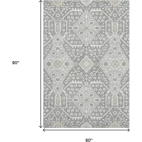 Gray And Ivory Floral Washable Area Rug With UV Protection Photo 3