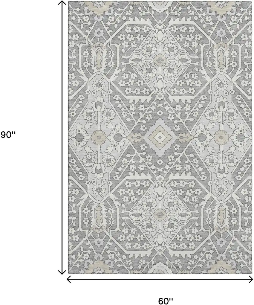 Gray And Ivory Floral Washable Area Rug With UV Protection Photo 3