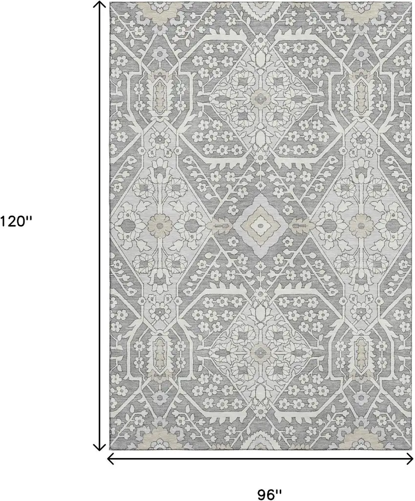 Gray And Ivory Floral Washable Area Rug With UV Protection Photo 3