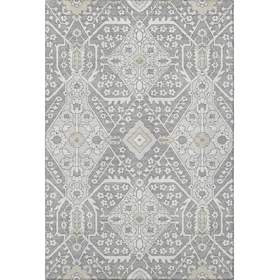 Gray And Ivory Floral Washable Area Rug With UV Protection Photo 5
