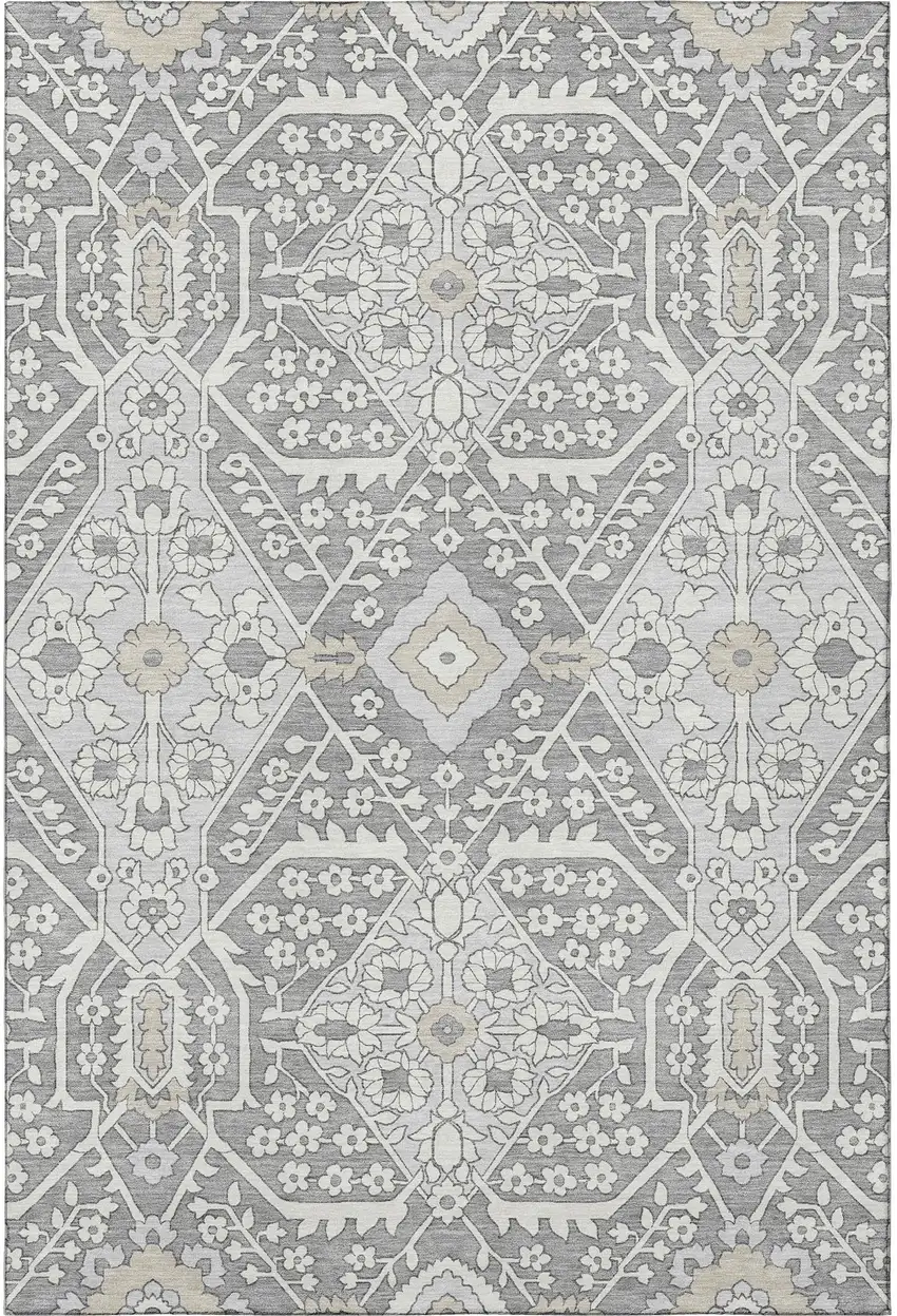 Gray And Ivory Floral Washable Area Rug With UV Protection Photo 5
