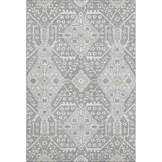 Gray And Ivory Floral Washable Area Rug With UV Protection Photo 2