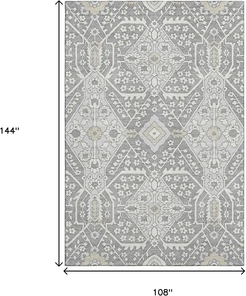 Gray And Ivory Floral Washable Area Rug With UV Protection Photo 3