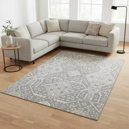 Gray And Ivory Floral Washable Area Rug With UV Protection Photo 1