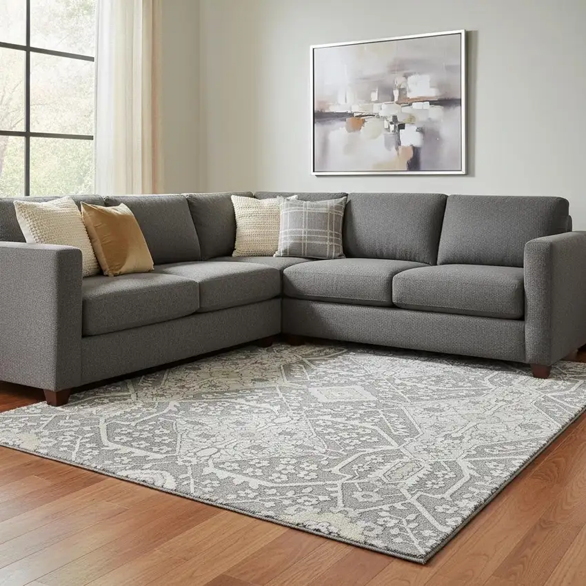 Gray And Ivory Floral Washable Area Rug With UV Protection Photo 1