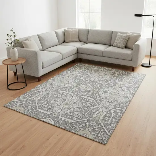Gray And Ivory Floral Washable Area Rug With UV Protection Photo 1