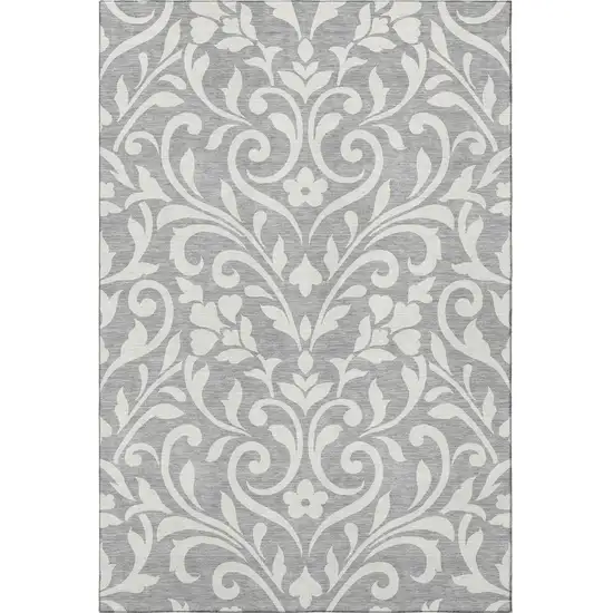 Gray And Ivory Floral Washable Area Rug With UV Protection Photo 4