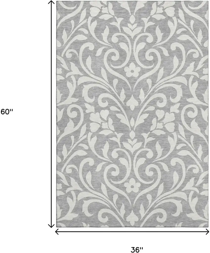 Gray And Ivory Floral Washable Area Rug With UV Protection Photo 3