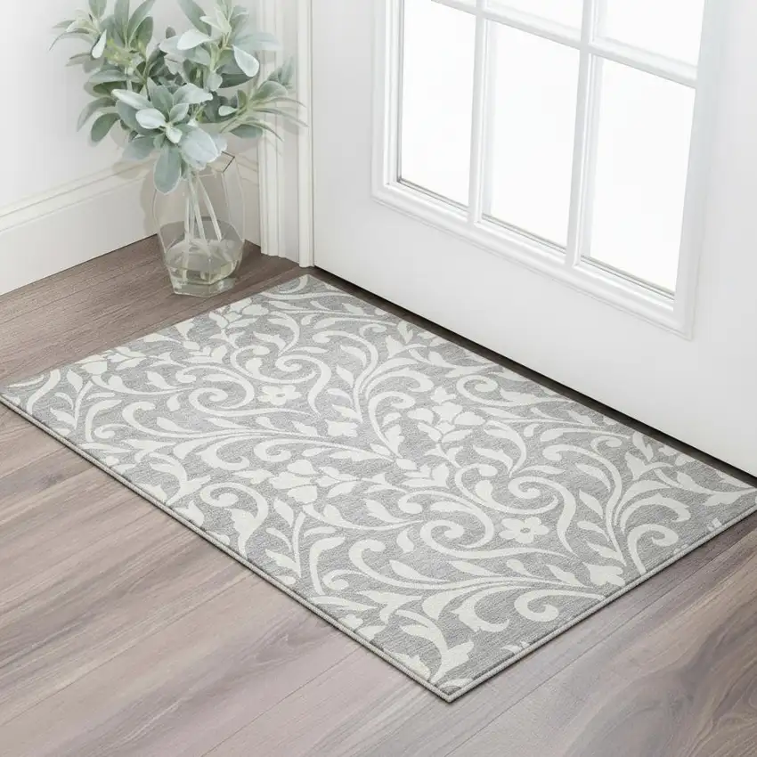 Gray And Ivory Floral Washable Area Rug With UV Protection Photo 2