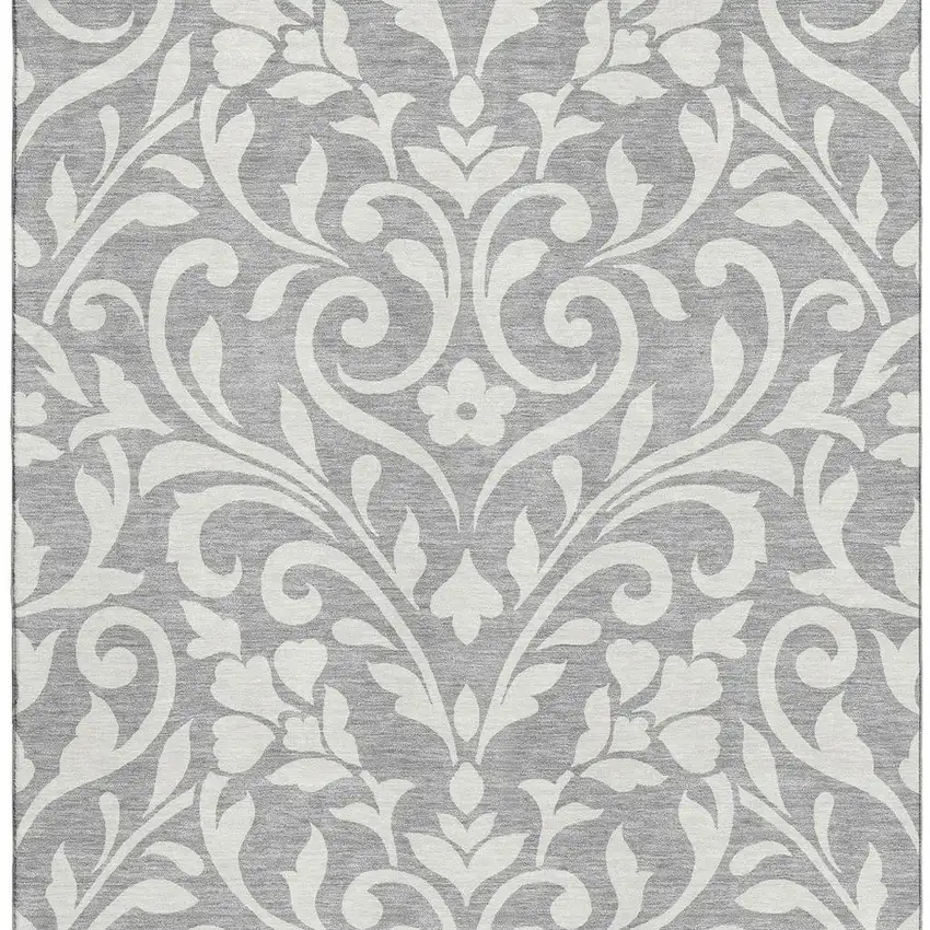 Gray And Ivory Floral Washable Area Rug With UV Protection Photo 4