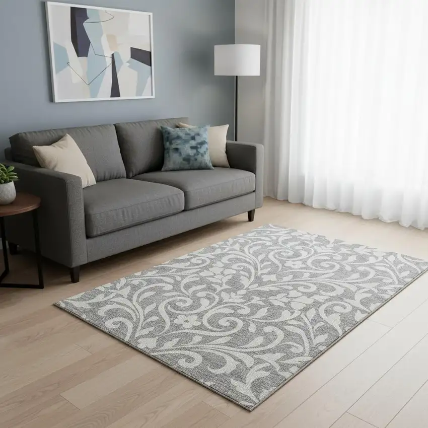 Gray And Ivory Floral Washable Area Rug With UV Protection Photo 2