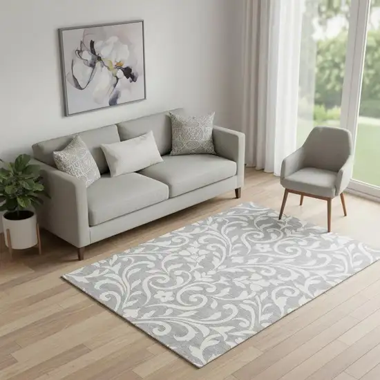 Gray And Ivory Floral Washable Area Rug With UV Protection Photo 1