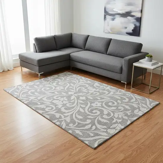 Gray And Ivory Floral Washable Area Rug With UV Protection Photo 2