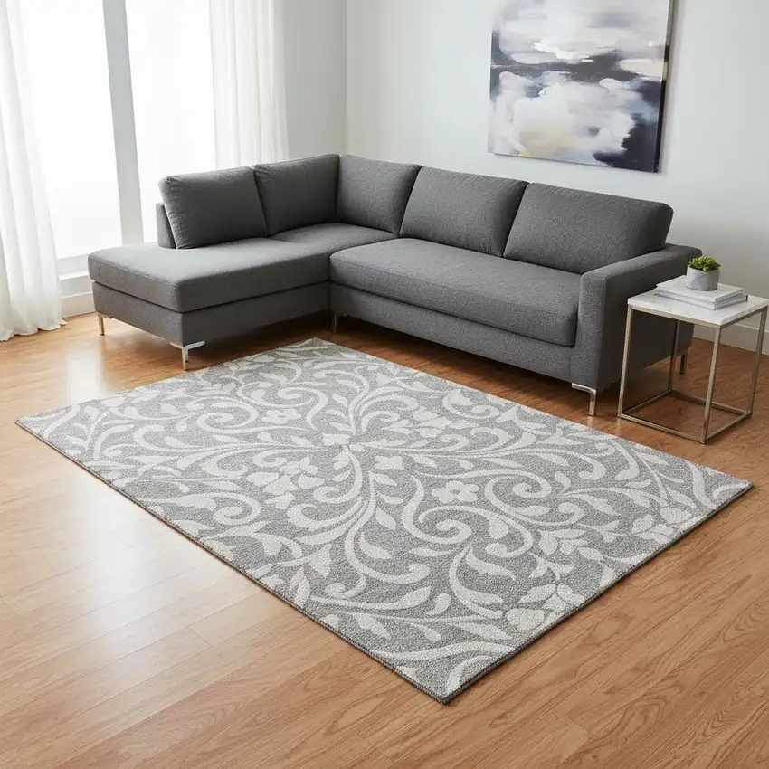 Gray And Ivory Floral Washable Area Rug With UV Protection Photo 2
