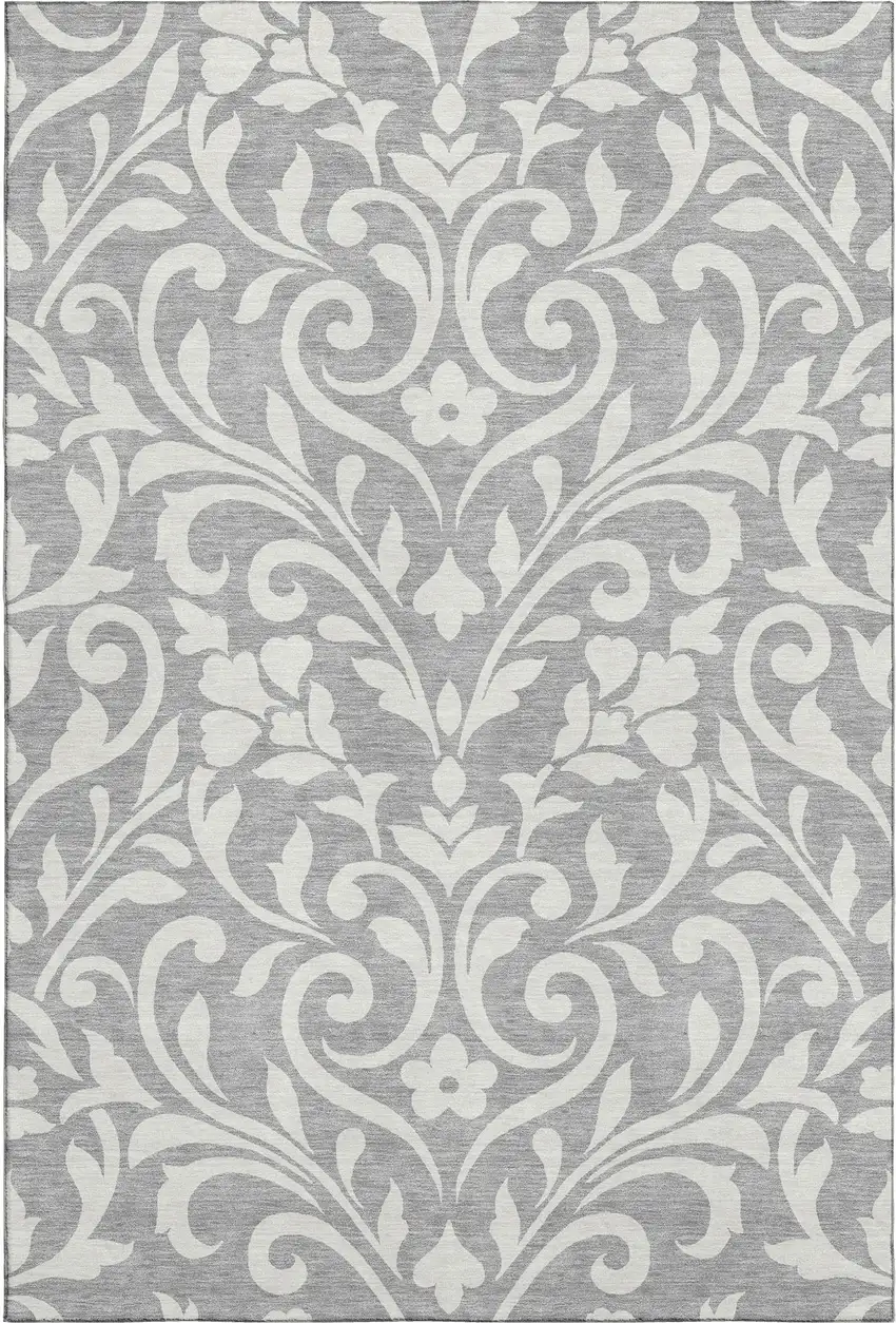 Gray And Ivory Floral Washable Area Rug With UV Protection Photo 1