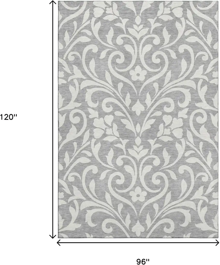 Gray And Ivory Floral Washable Area Rug With UV Protection Photo 9