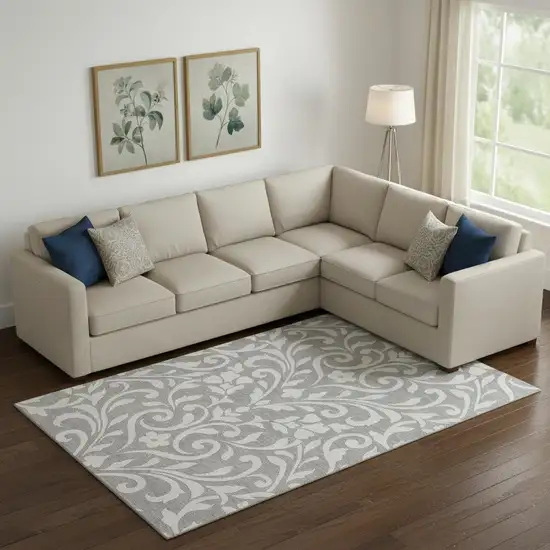 Gray And Ivory Floral Washable Area Rug With UV Protection Photo 1